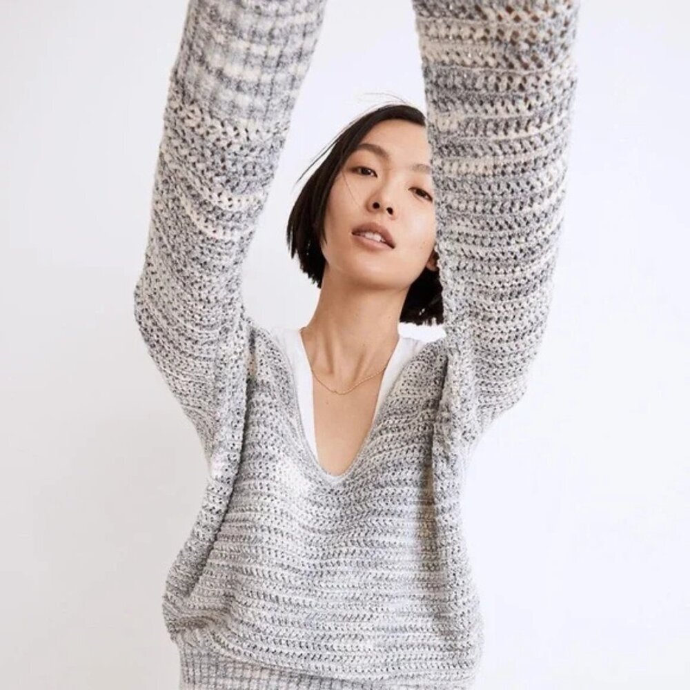 Madewell Open Stitch Knit Pullover Sweater Blue Space-Dye Womens XS Fisherman
